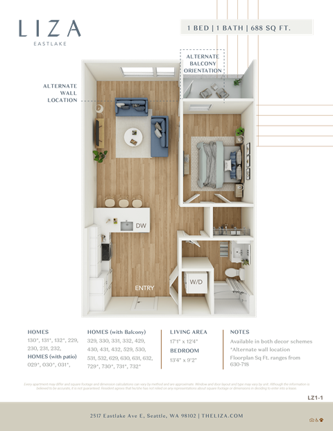 Liza Apartment 3D floor plan - 1x1 688 sqft